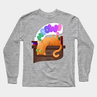 Funny Cartoon Cat with Books Pet Animal Illustration - MEOW Long Sleeve T-Shirt